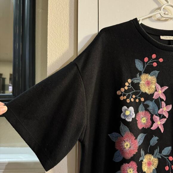 Zara Floral Embroidered Tulle Trim Black Sheath Dress Size Large Fairy Grunge - Picture 4 of 6